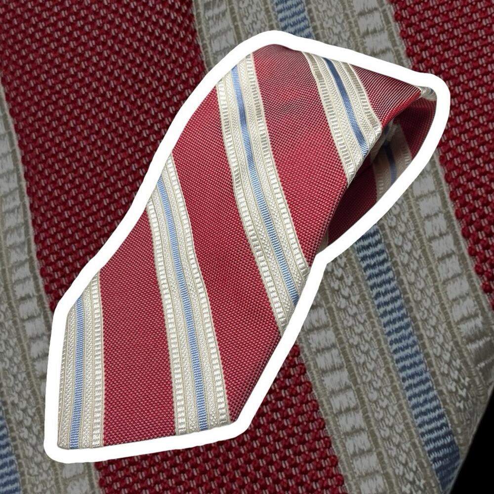 Faconnable‎ Necktie Red Blue White Striped Silk Hand Made in Italy Tie Textured